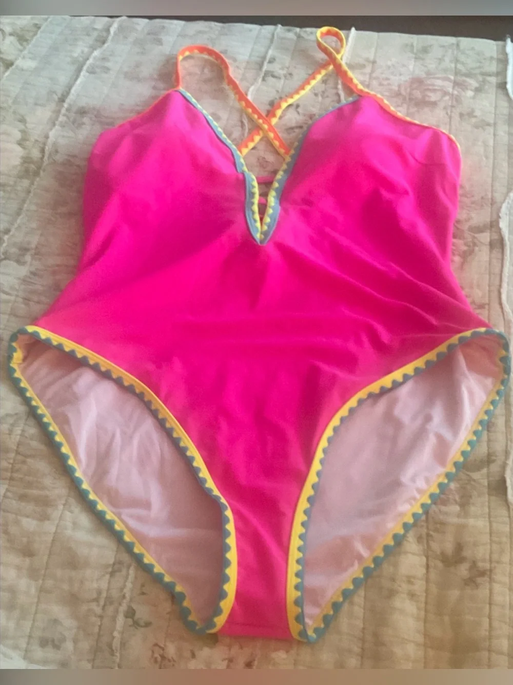 NWT POPVIL SZ XXL Neon Pink One-Piece Swimsuit with Yellow Trim